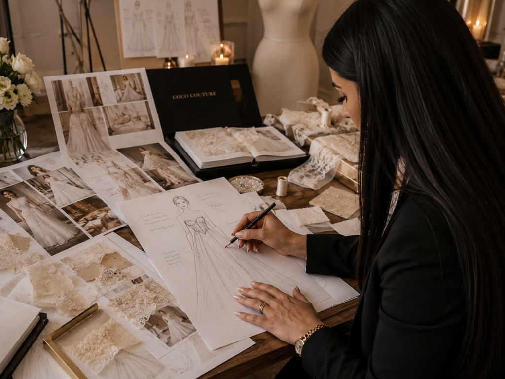 Brautkleid Designerin Mitra Eisenhardt beim Entwerfen eines individuellen Brautkleides bei Coco Couture
