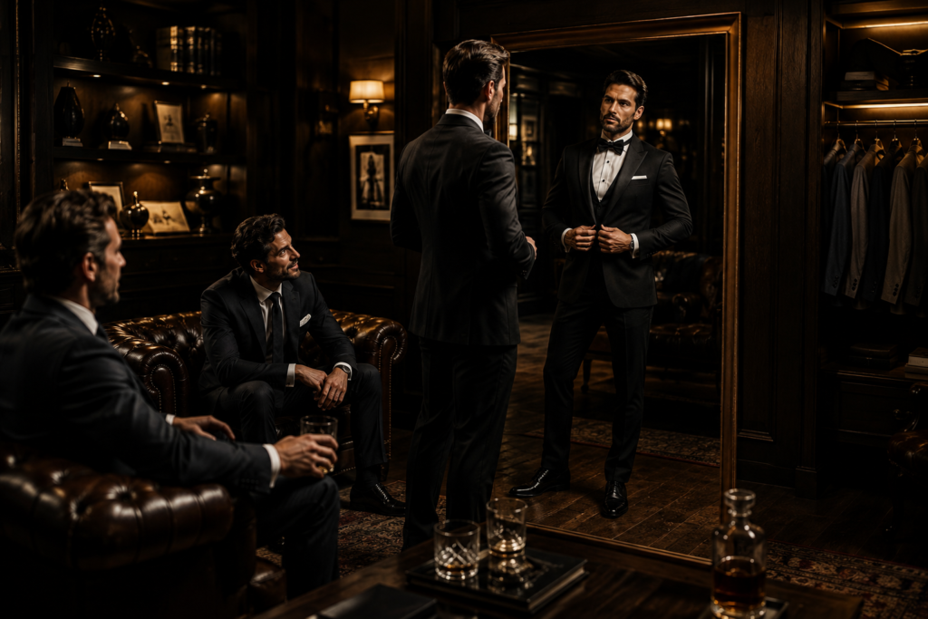 Bräutigam bei der Hochzeitsanzug Anprobe mit Freunden bei Coco Man in Buxtehude