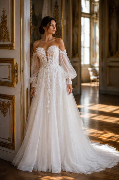 Brautkleid mit Glitzertüll, 3D Blumen, abnehmbare Puffärmel
